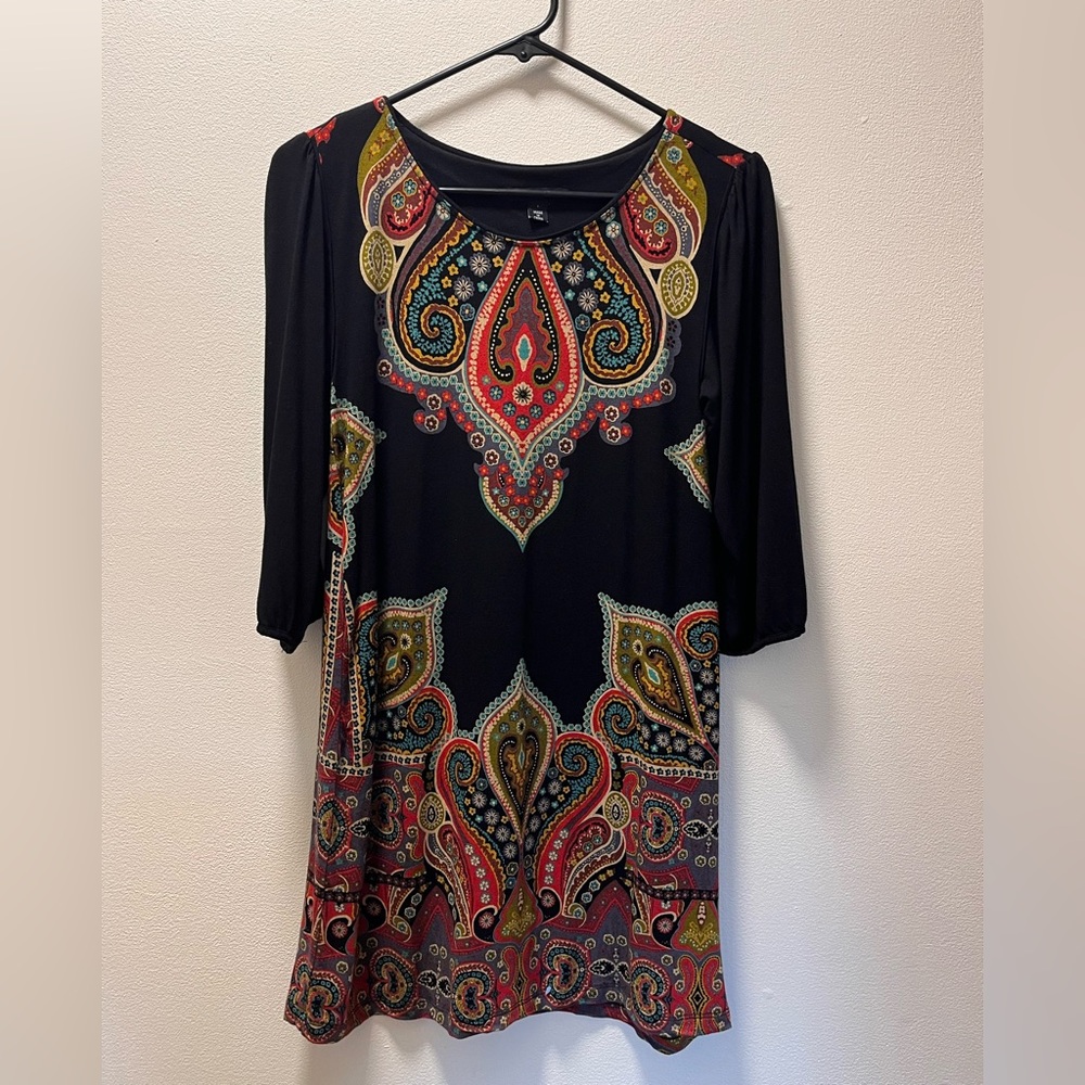 Cha Cha Vente Boho Y2K Chic Paisley Print Knit Sheath Dress, Sz S, Black + Print